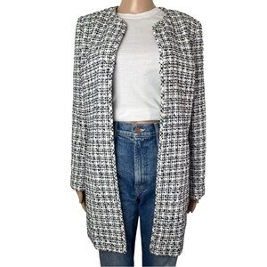 Karl Lagerfeld Paris Tweed Blue White Plaid Classic Chic Style Blazer Jacket